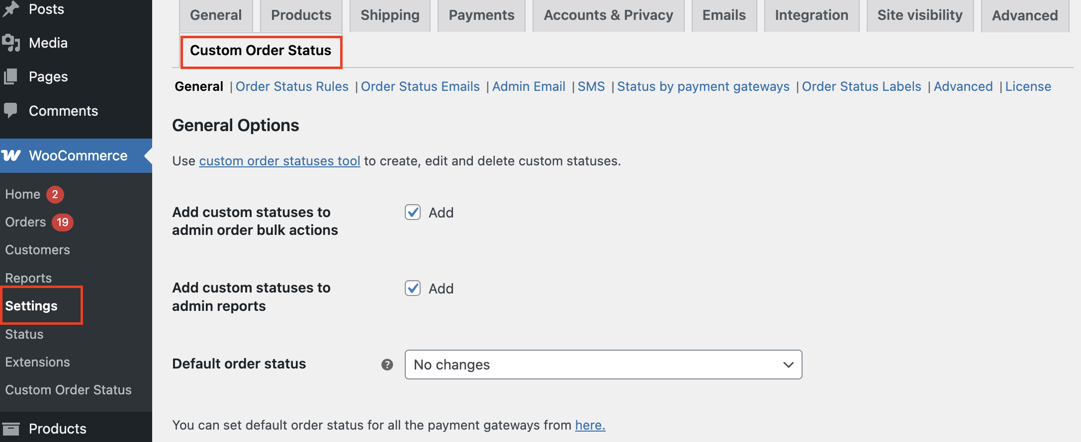 Custom Order Status for WooCommerce General Settings - Tyche Softwares Documentation