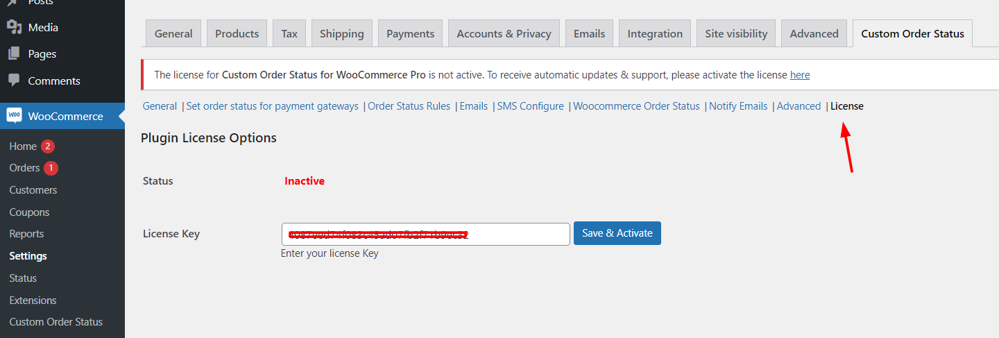 Activating The License Key Of Custom Order Status for WooCommerce - Tyche Softwares Documentation