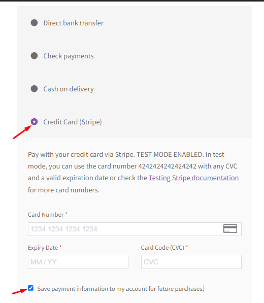 Save payment information checkbox