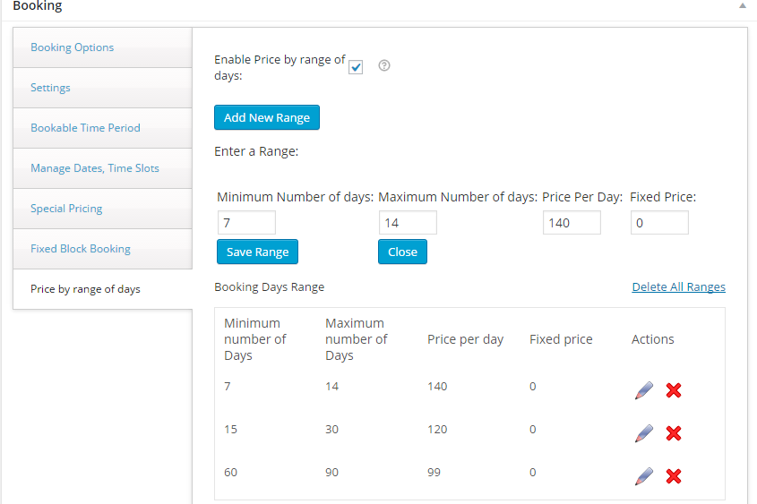 Rentals with WooCommerce - Screenshot of the settings for price by range of days