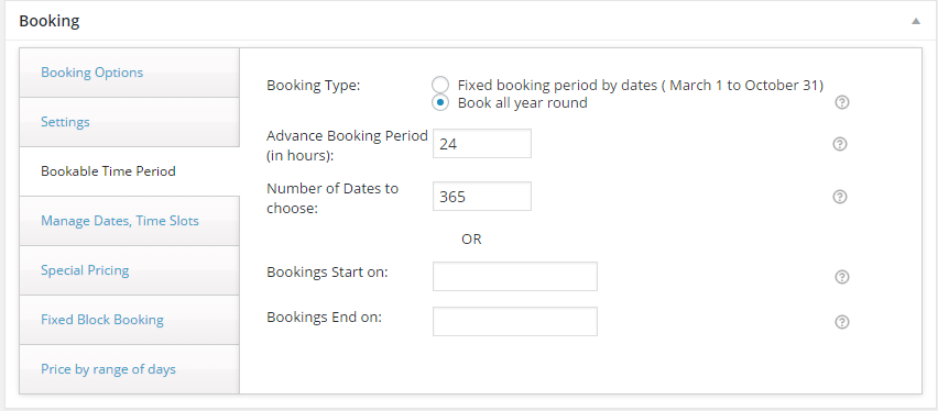 How to sell hotel bookings with WooCommerce - Screenshot of the booking settings