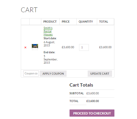 Rentals with WooCommerce - Screenshot of the cart page