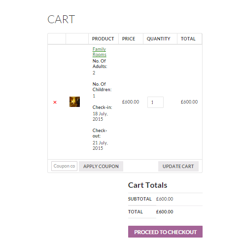 How to sell hotel bookings with WooCommerce - Screenshot of the cart