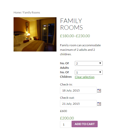 How to sell hotel bookings with WooCommerce - Screenshot of the frontend