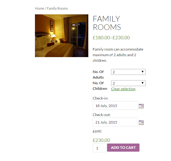 How to sell hotel bookings with WooCommerce - Screenshot of the frontend