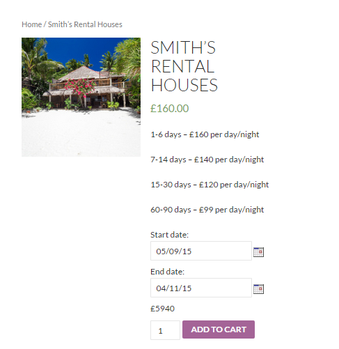 Rentals with WooCommerce - Screenshot of the frontend