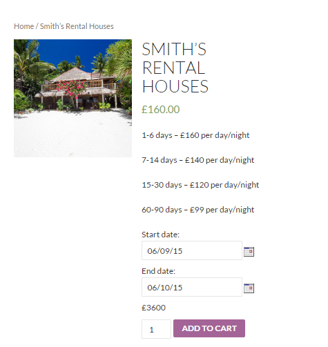 Rentals with WooCommerce - Screenshot of the frontend