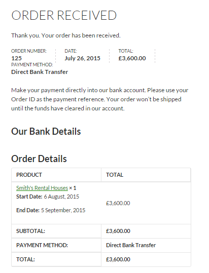 Rentals with WooCommerce - Screenshot of the order details