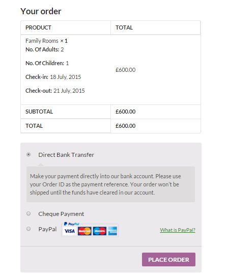How to sell hotel bookings with WooCommerce - Screenshot of the checkout page