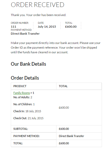 How to sell hotel bookings with WooCommerce - Screenshot of the order received page