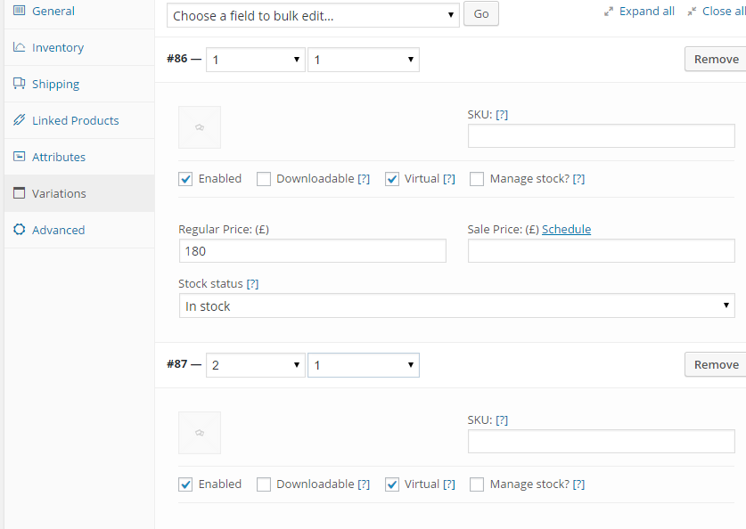 How to sell hotel bookings with WooCommerce - Screenshot for variations