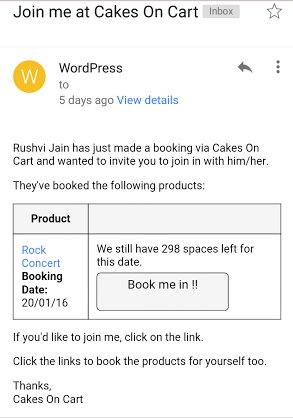 Send Booking Invites with WooCommerce - Email received by the invitee