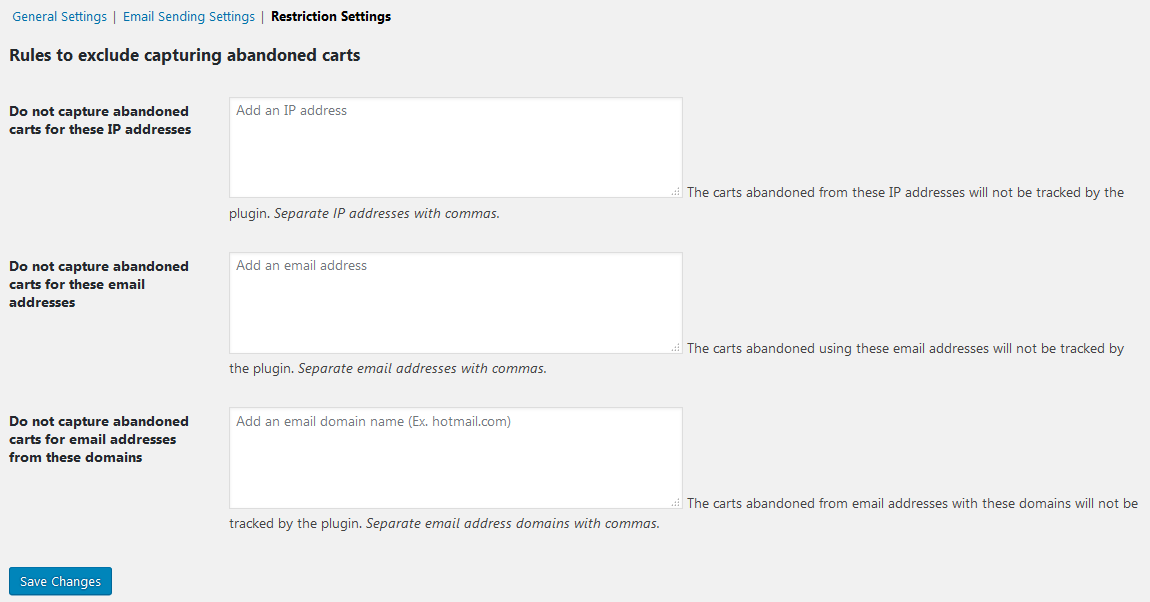 Restriction settings - What are the Email Sending and Restriction settings of Abandoned Cart Pro for WooCommerce plugin?