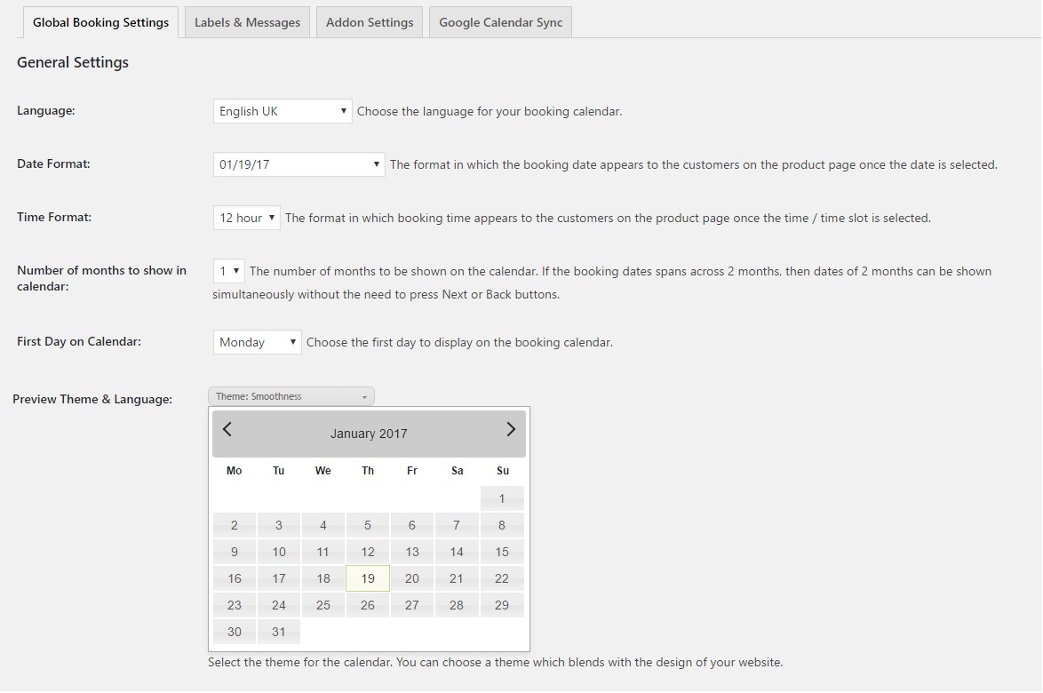 appearance of calendar and booking details- Global Booking settings