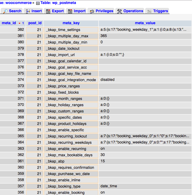 wp_postmeta records for a bookable product