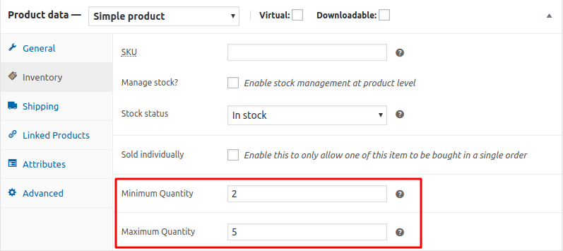 Saved values in Minimum and Maximum Quantity - set minimum and maximum quantities in WooCommerce