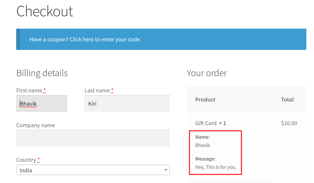 Add Cart & Order item meta for WooCommerce - checkout page