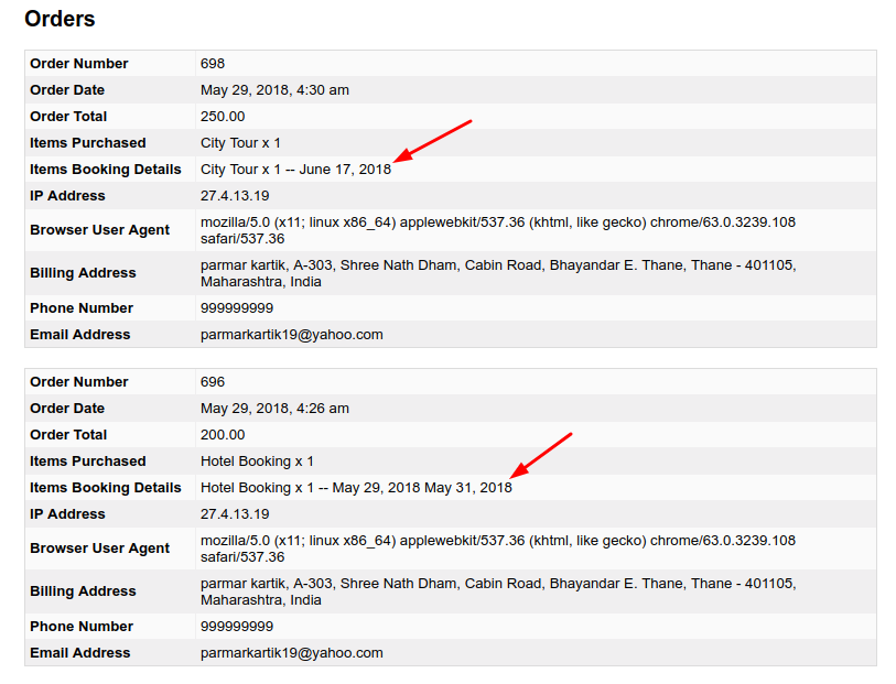 Booking detail in Order table