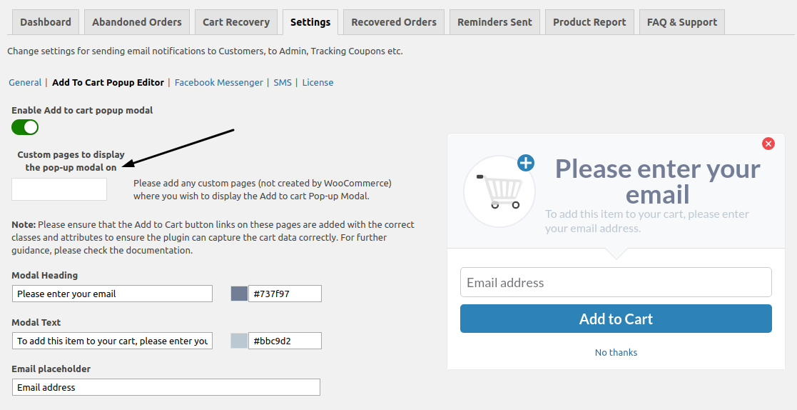 Add to cart pop-up settings