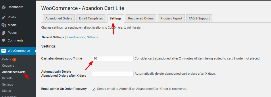 Illustrating how to set the cut-off time in Abandoned Carts” under the WooCommerce main menu.