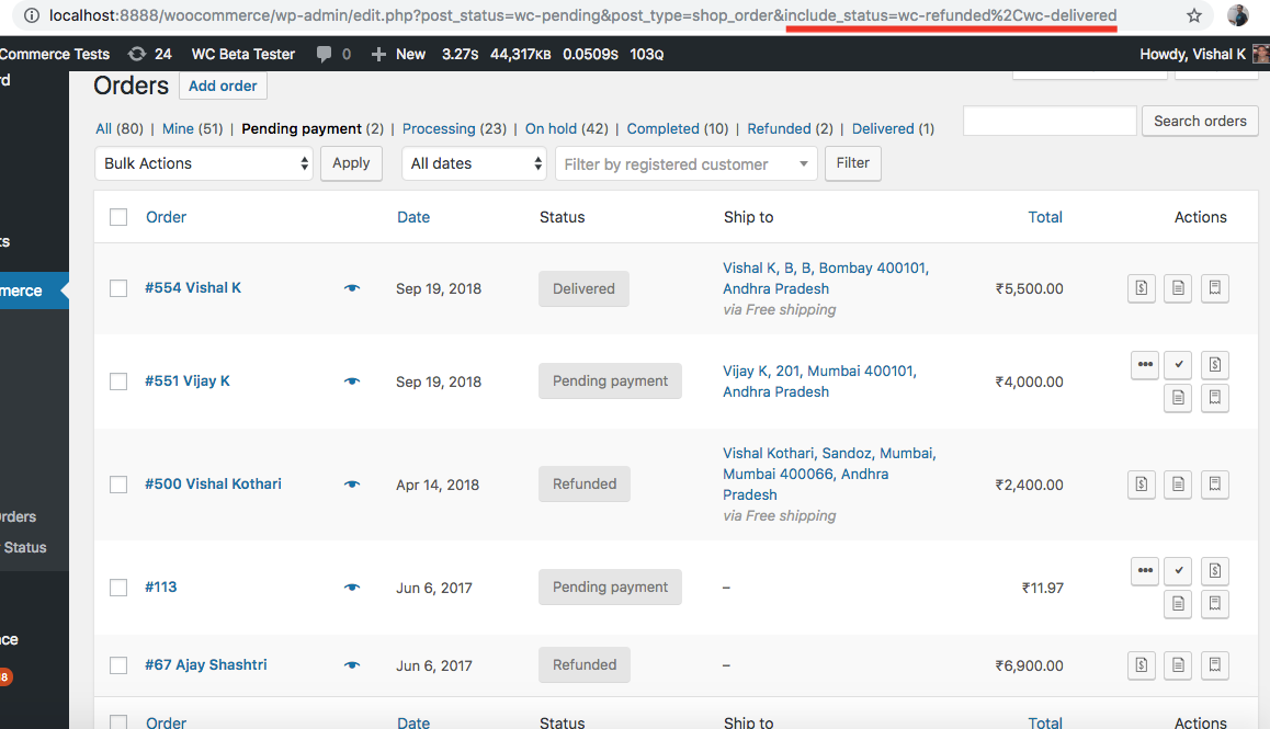 WooCommerce orders with status as Pending, Refunded & Delivered being shown
