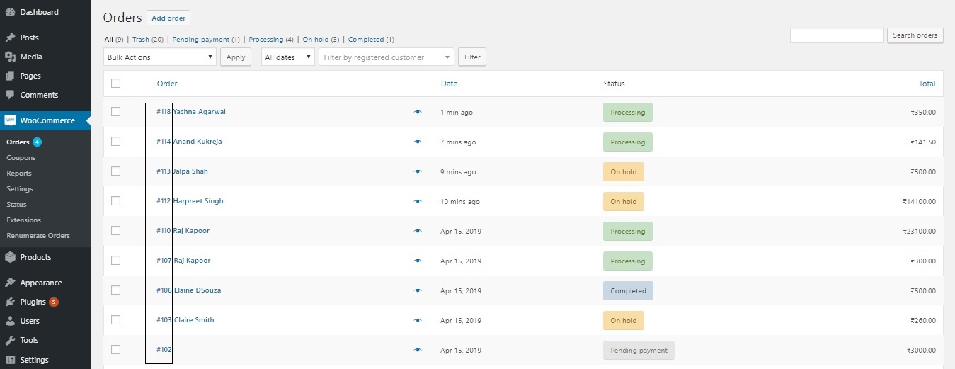 how WooCommerce order numbers are generated - Default WooCommerce Order Numbers Screenshot