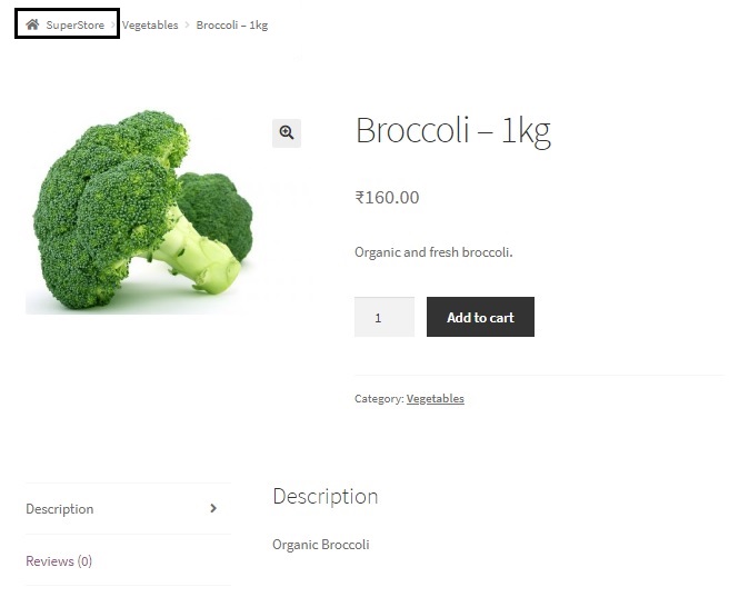 customise WooCommerce breadcrumbs - Home text changed to SuperStore