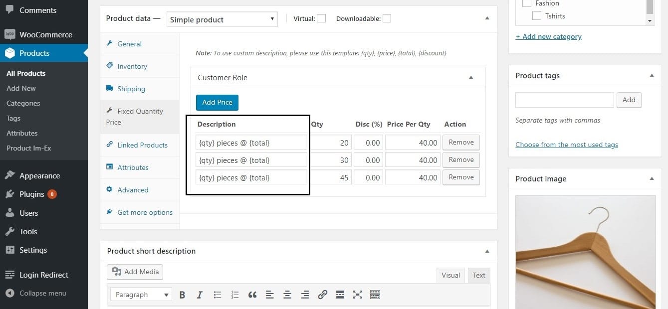 restrict the quantity field to selected numbers in WooCommerce - Editing the Description template for each quantity