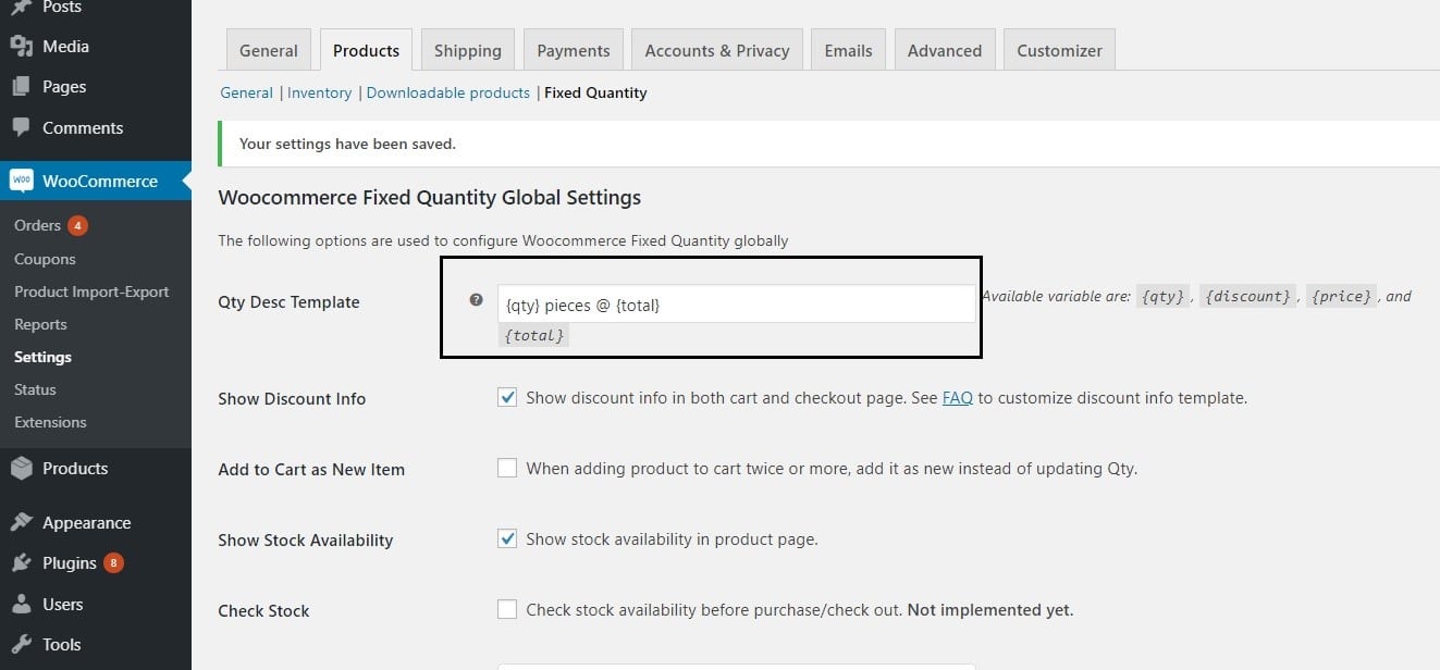 restrict the quantity field to selected numbers in WooCommerce - Editing the Description template under Plugin Settings