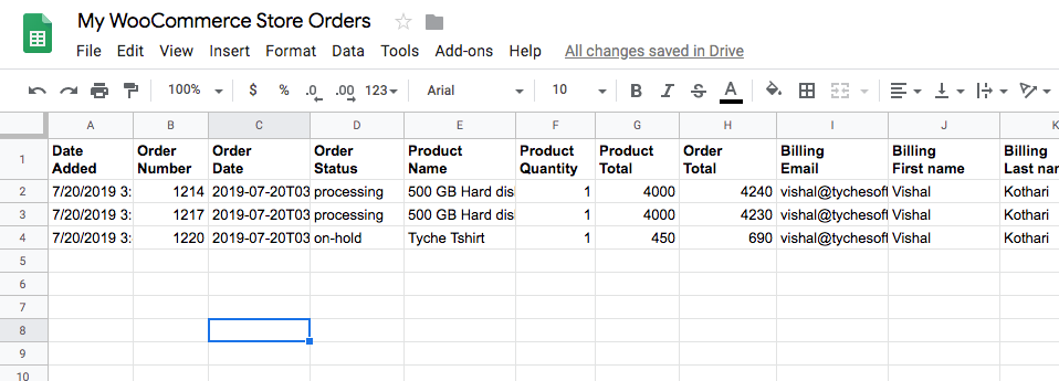 Google sheet containing all order information from WooCommerce 