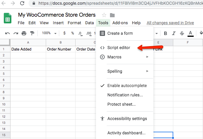 Google Sheets Script Editor for woocommerce order information exports