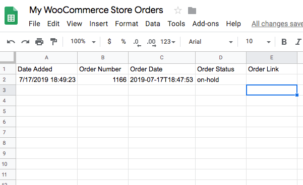 Google sheet with WooCommerce orders information exported from WordPress 