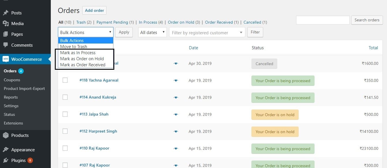 Rename Order Status Messages in WooCommerce - Bulk Actions Order Status Message changed