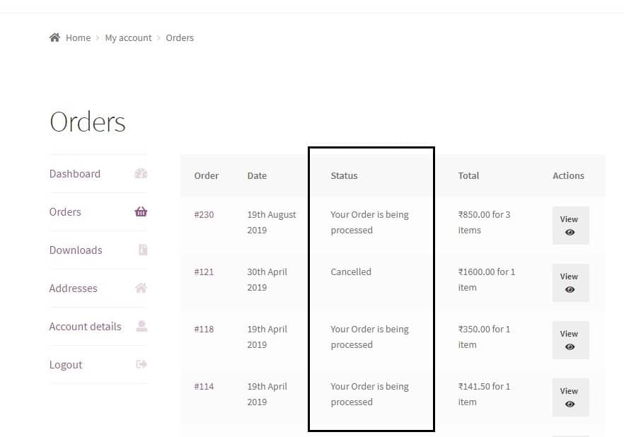 Rename Order Status Messages in WooCommerce - Order Status Messages changed in the front end