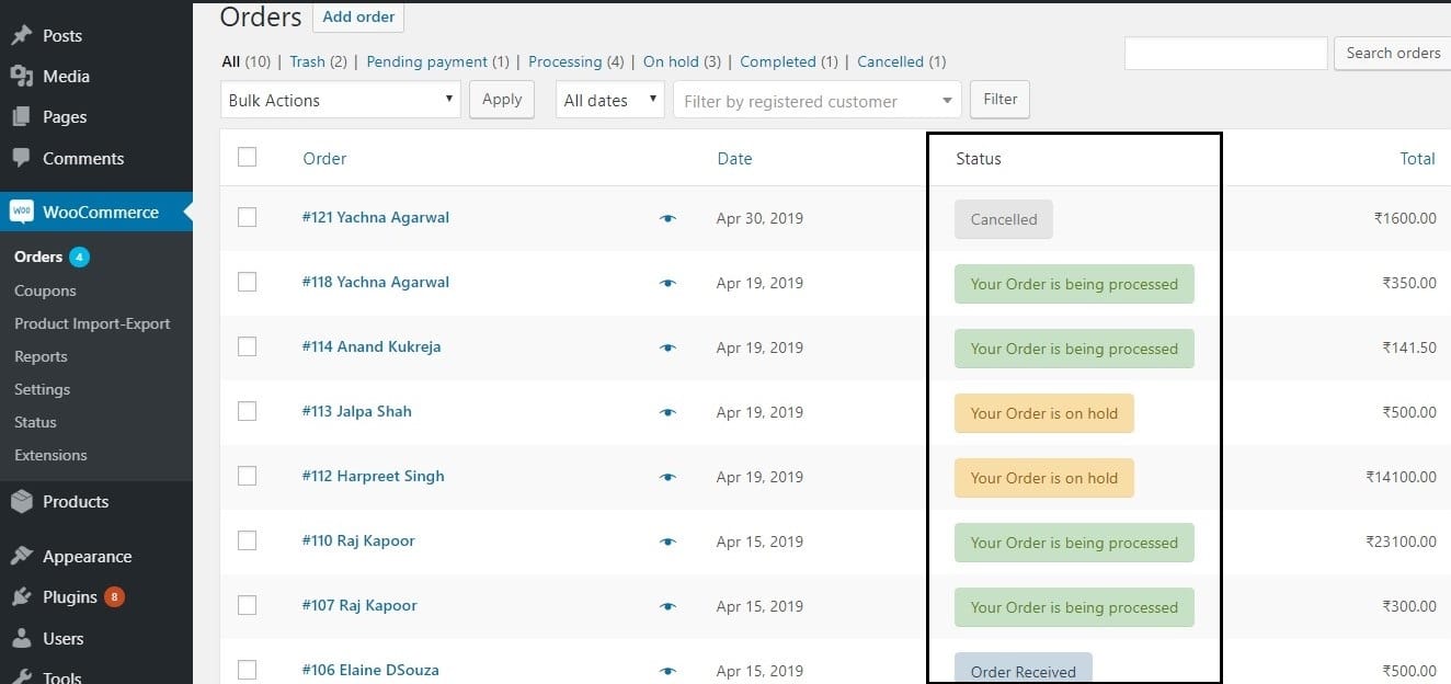 Rename Order Status Messages in WooCommerce - Order Status Messages changed