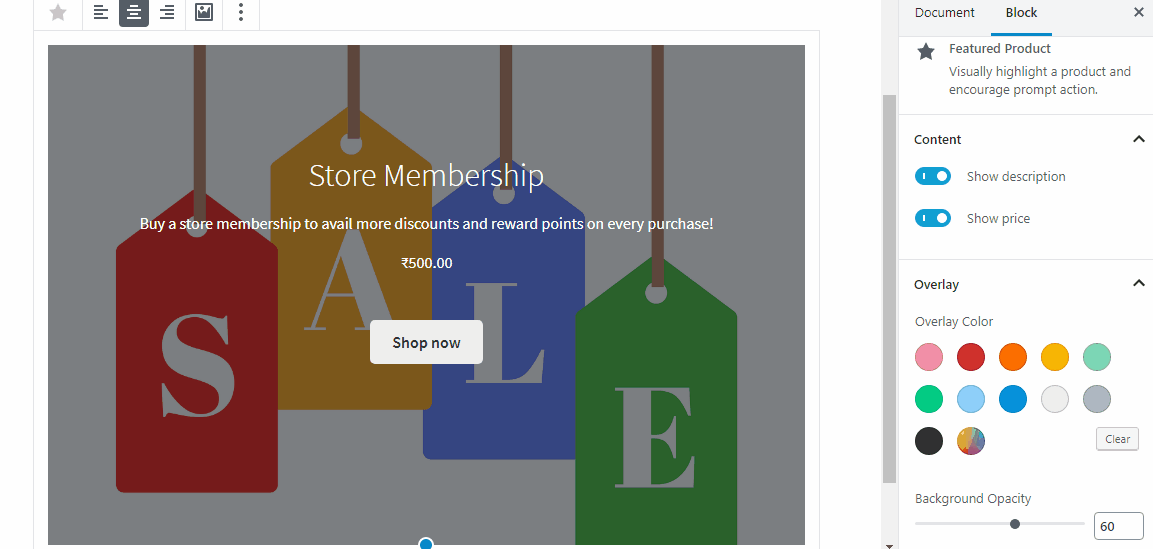 using Gutenberg blocks for your WooCommerce store - Add Overlay to Featured Product