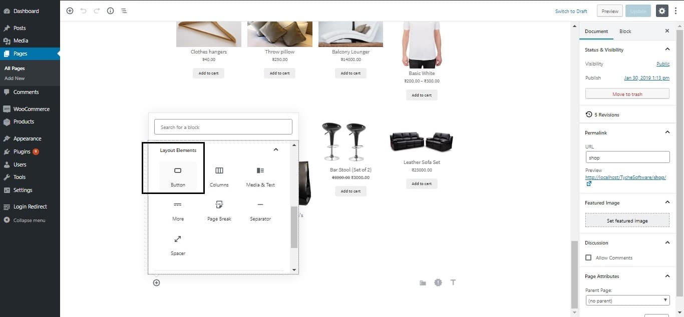 using Gutenberg blocks for your WooCommerce store - Choosing a button element