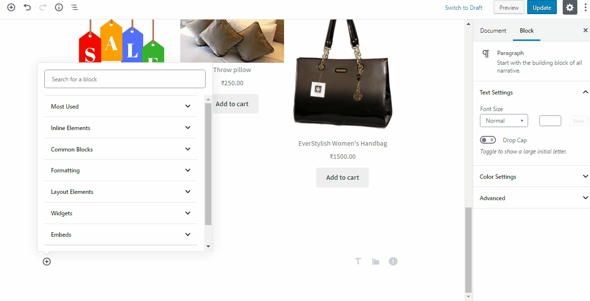 using Gutenberg blocks for your WooCommerce store - Adding On Sale products