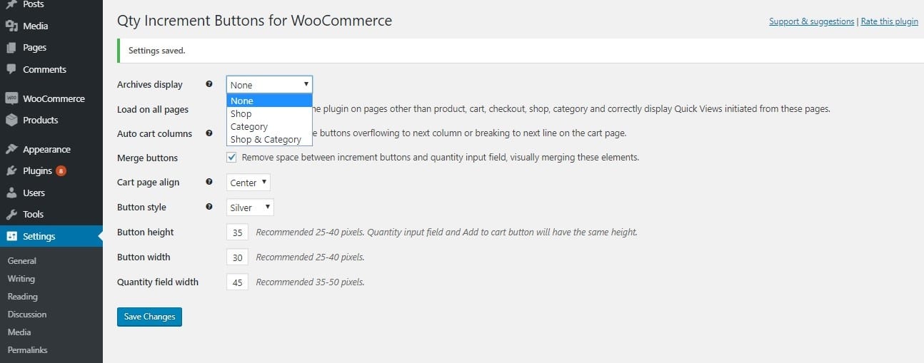 add plus + and minus - buttons to the quantity input on the product page in WooCommerce using code snippets and plugins - Choosing whether to display quantity buttons on Shop and Category pages using this plugin