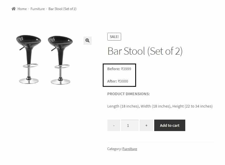 display Before and After prices for products on sale in WooCommerce - Before and After prices displayed for a simple product on sale