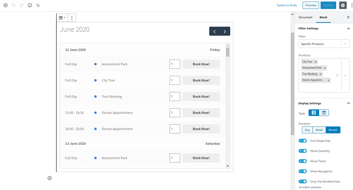 Available Booking Block Backend View