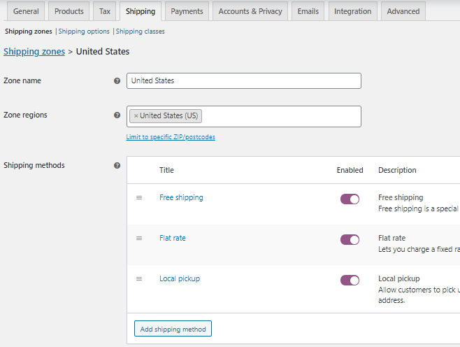 Default Shipping Methods