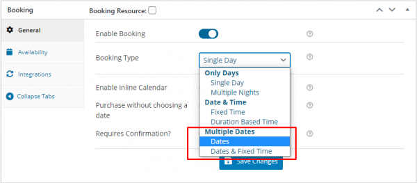 Multiple Dates Booking Types