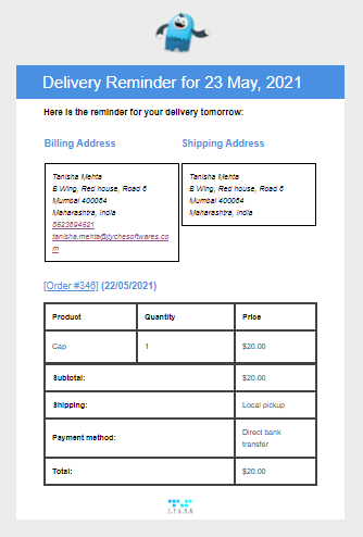 Image showing the admin delivery reminder email template 