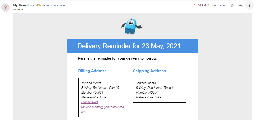 Admin delivery reminder email with order details