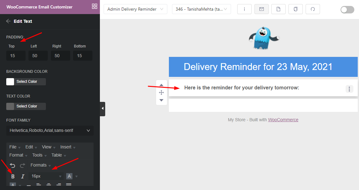 Woocommerce email template customization: changing the default text to 'Here is the reminder for your delivery tomorrow for order delivery pro