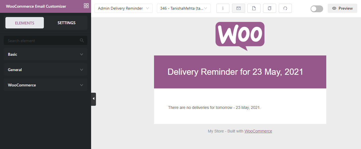 Admin Delivery Reminder for order email template customization