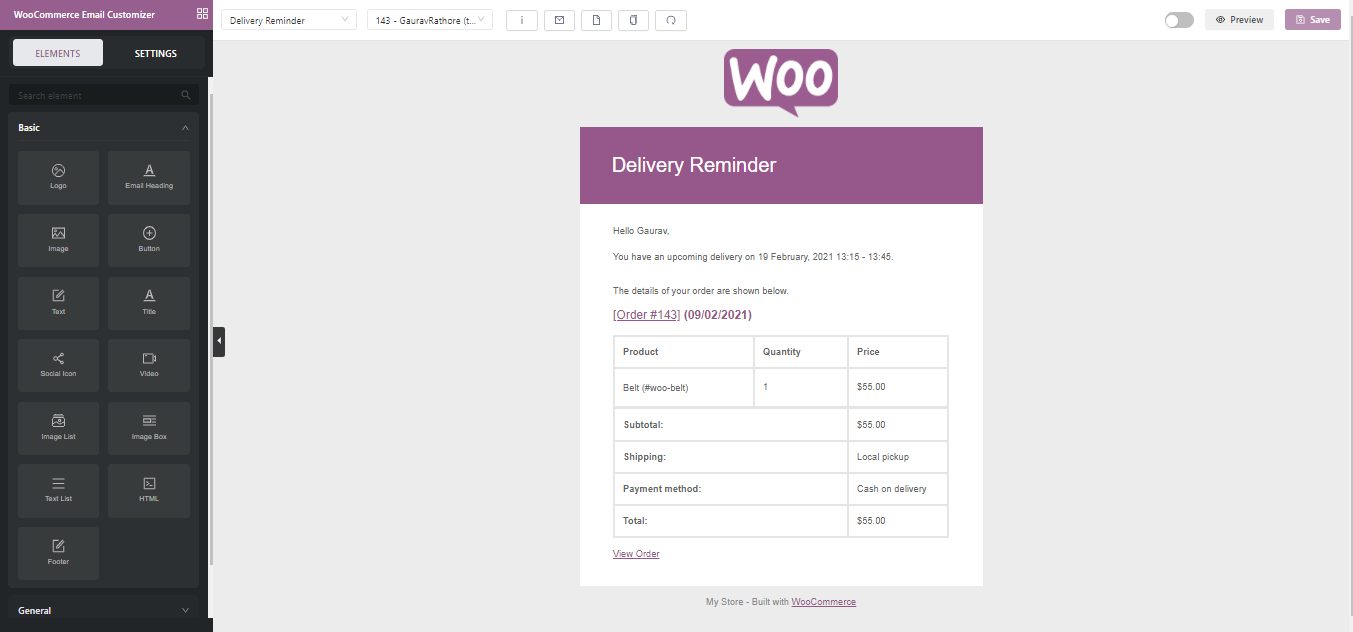 customizing the 'Delivery Reminder' email template