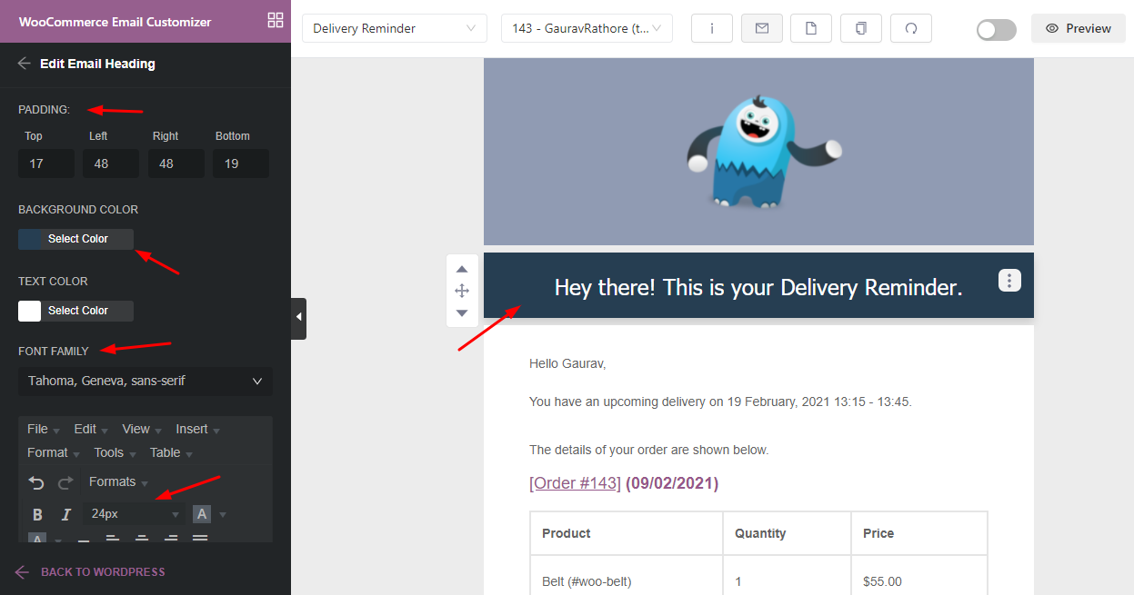 customizing the 'Delivery Reminder' email template