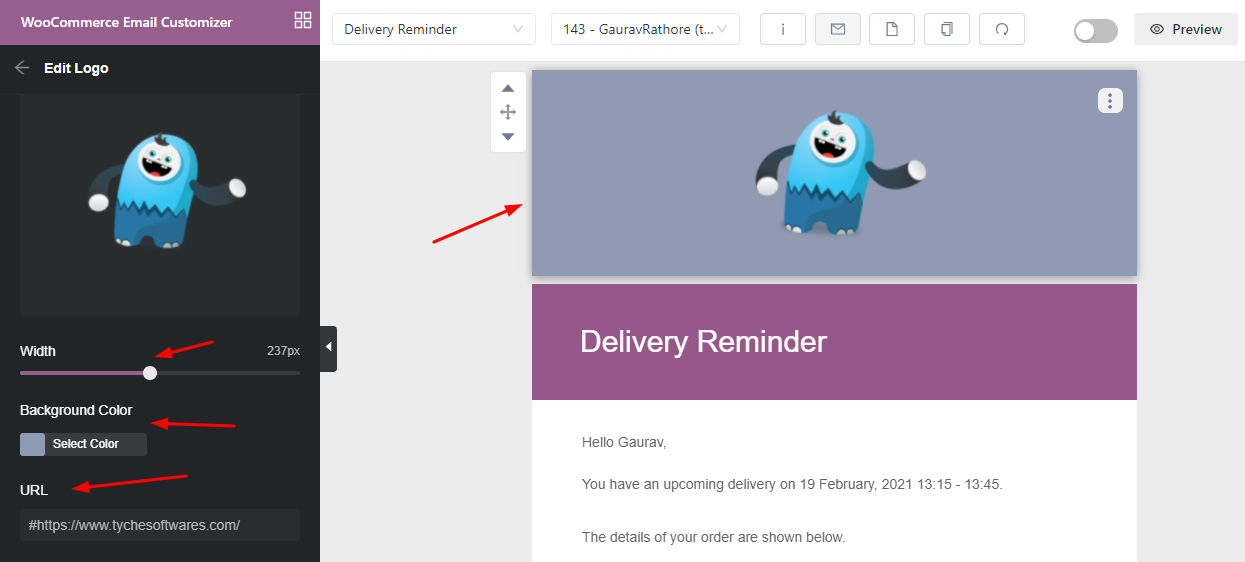 customizing the 'Delivery Reminder' email template